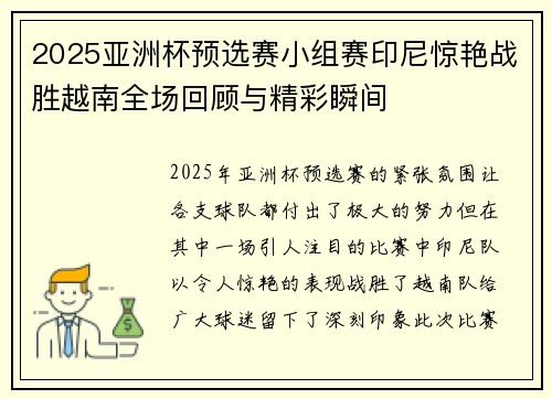 2025亚洲杯预选赛小组赛印尼惊艳战胜越南全场回顾与精彩瞬间